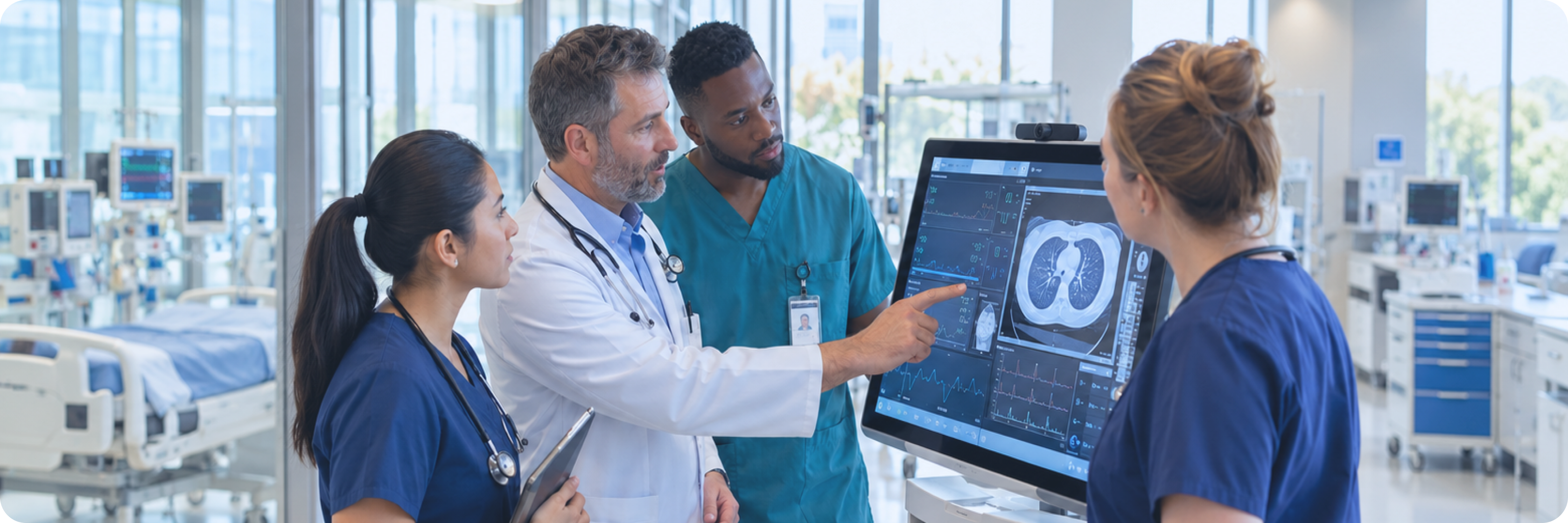 A physician and nurses reviewing patient scans and vital signs on a monitor in a hospital ward
